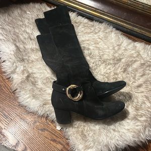 Karl Lagerfeld Black Knee High Boots with Gold Buckle